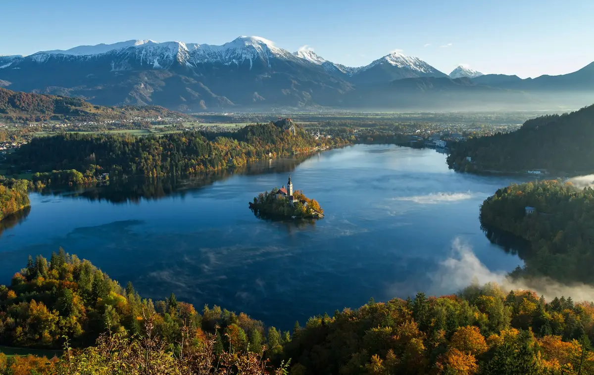 Lake Bled - the island church, castle rock and the mountains from above
