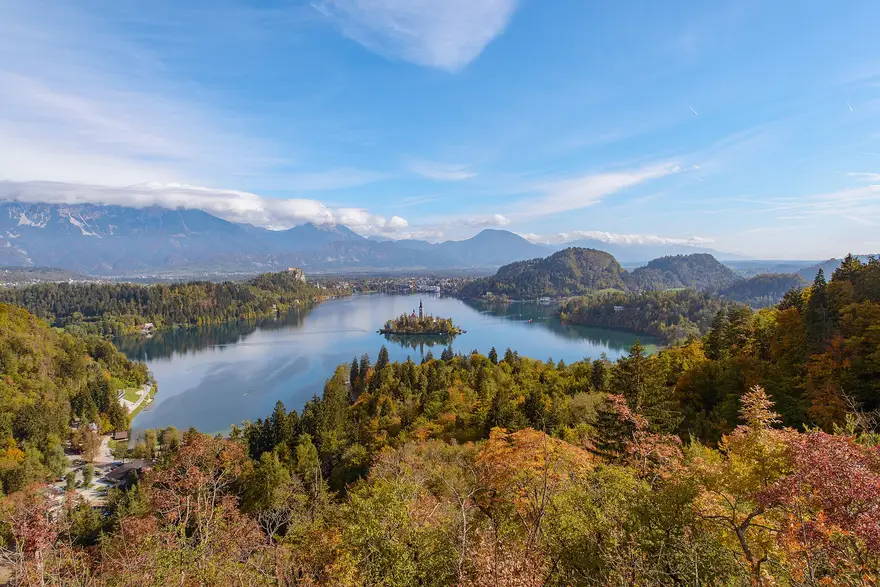 Lake Bled, the island and the mountains seen from the Ojstrica viewpoint in autumn